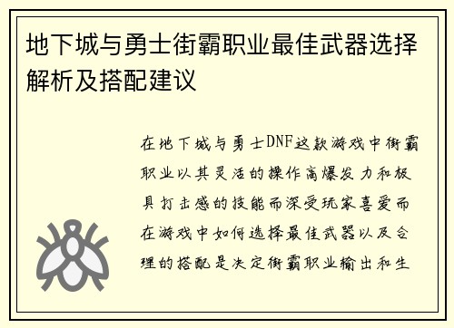 地下城与勇士街霸职业最佳武器选择解析及搭配建议