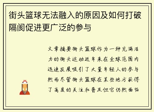 街头篮球无法融入的原因及如何打破隔阂促进更广泛的参与